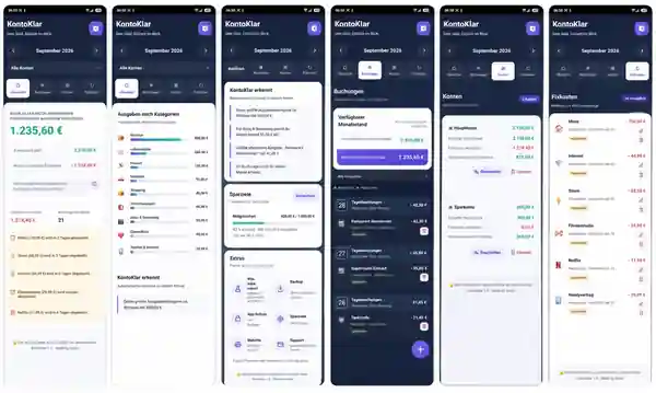 Sechs KontoKlar App-Ansichten: Übersicht, Auswertung, Sparziele und Extras, Buchungen, Konten und Fixkosten